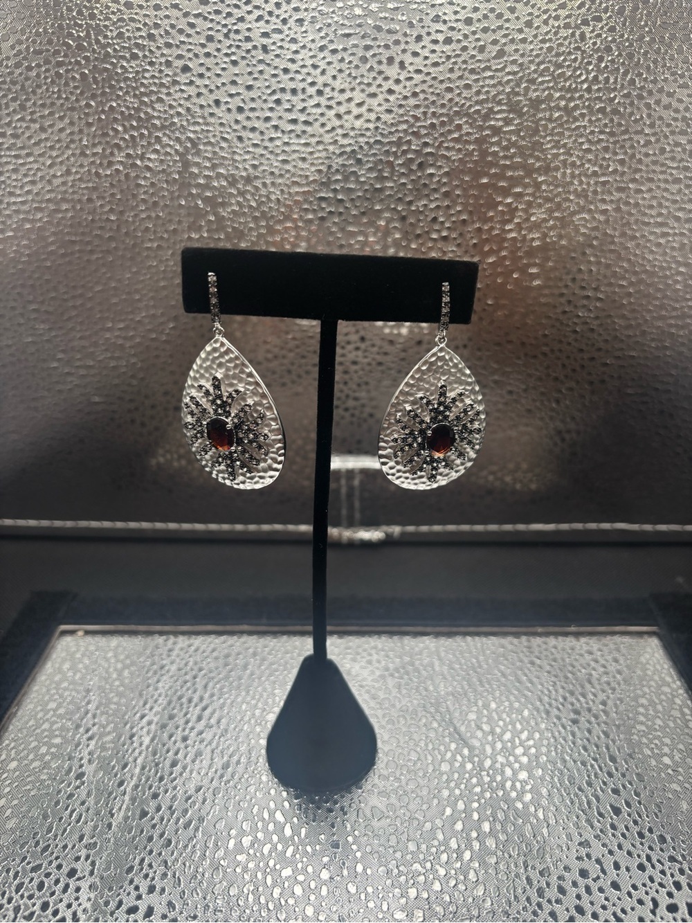 Hammered Silver Teardrop Earrings with Deep Red Accent
